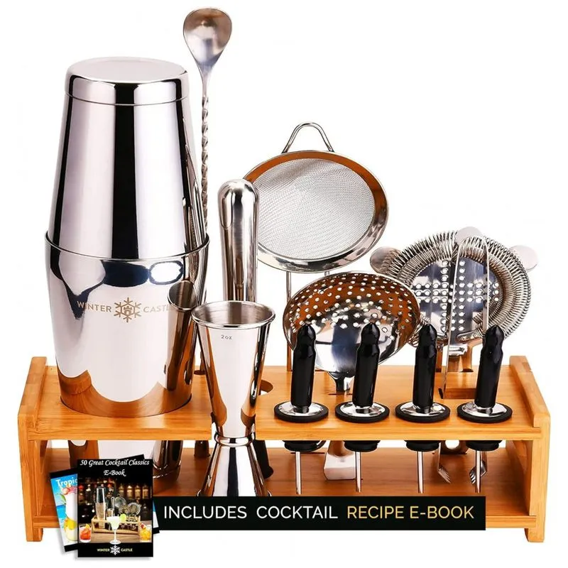 Kit Bartender Profissional 18 Pecas Em Aco Inoxidavel Com Suporte De Bambu E Livro De Receitas, Winter Castle, Prata