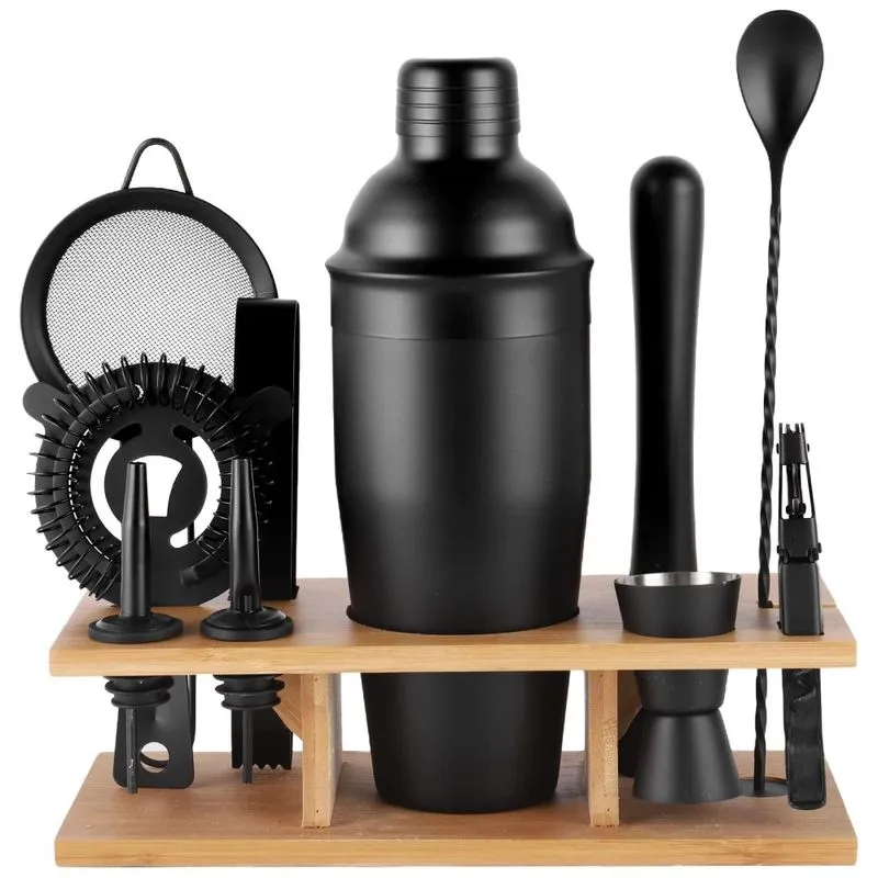 Kit Bartender Profissional 11 Peças Em Aço Inoxidável Com Suporte De Bambu, Jnwinog, Preto Fosco