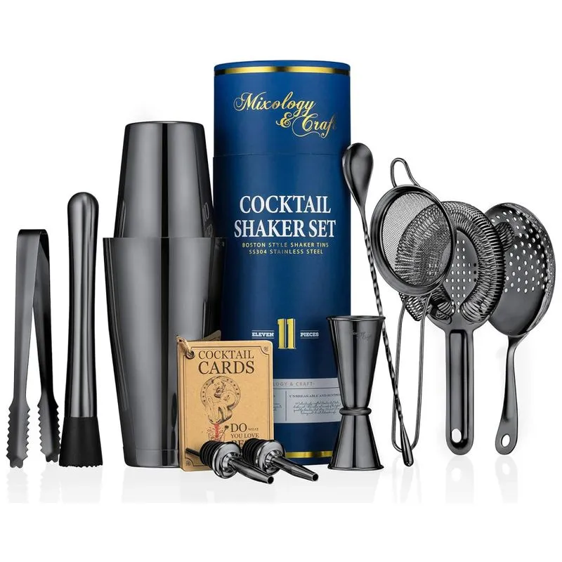Kit Bartender Profissional 11 Peças Em Aço Inoxidável, Mixology Craft, Preto