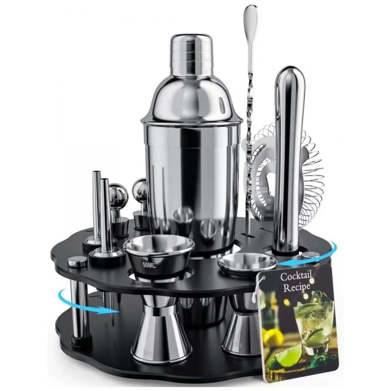 Kit Bartender Profissional 14 Pecas Em Aco Inoxidavel Com Suporte De Acrilico Giratorio, Bokhot, Prata