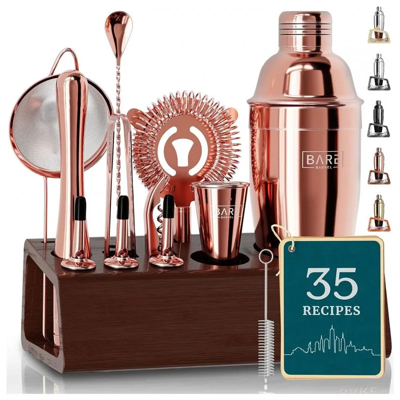Kit Bartender Profissional 14 Peças Em Aço Inoxidável Com Suporte De Bambu, Bare Barrel, Ouro Rosa