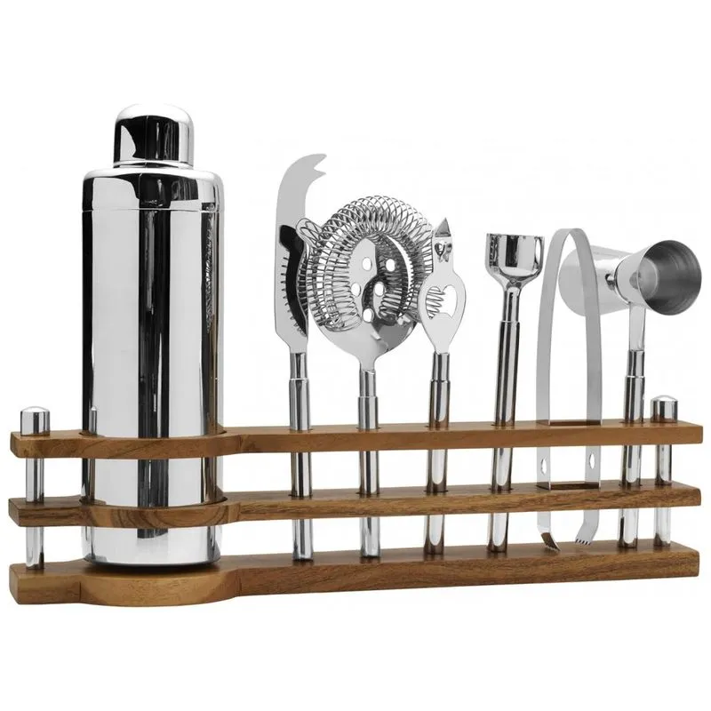 Kit Bartender Profissional 8 Pecas Em Aco Inoxidavel Com Suporte De Madeira, Mikasa, Prata