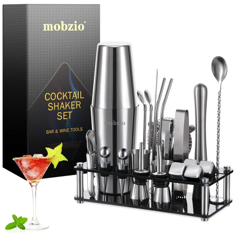 Kit Bartender Profissional 23 Pecas Em Aco Inoxidavel Com Suporte De Acrilico, Mobzio, Prata