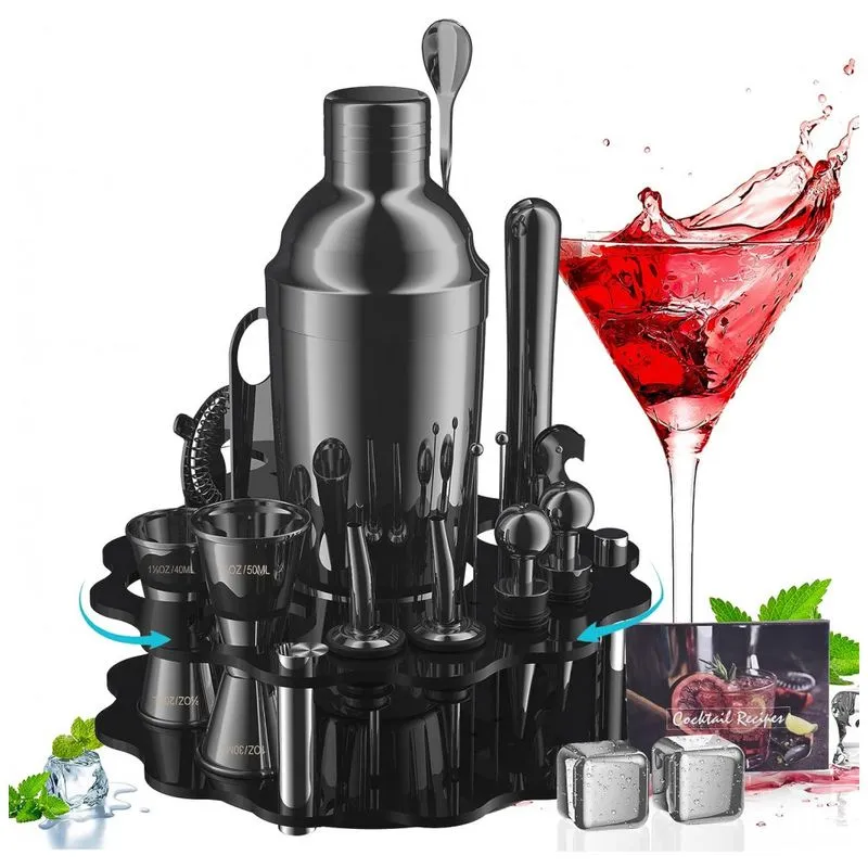 Kit Bartender Profissional 19 Pecas Em Aco Inoxidavel Com Suporte De Acrilico Giratorio, Carsolt, Preto