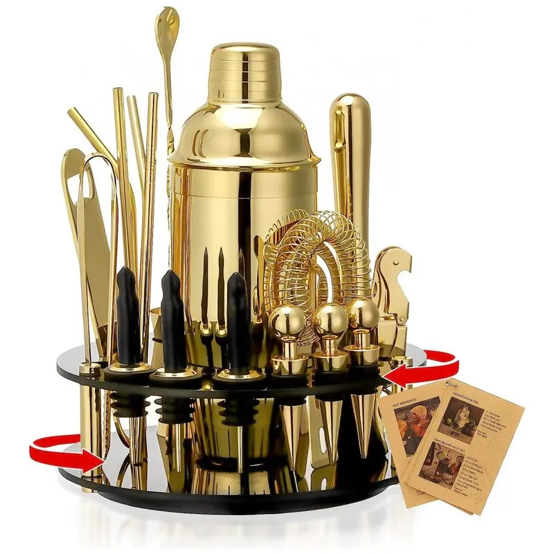 Kit Bartender Profissional 19 Pecas Em Aco Inoxidavel Com Suporte De Acrilico Giratorio, X Cosrack, Dourado