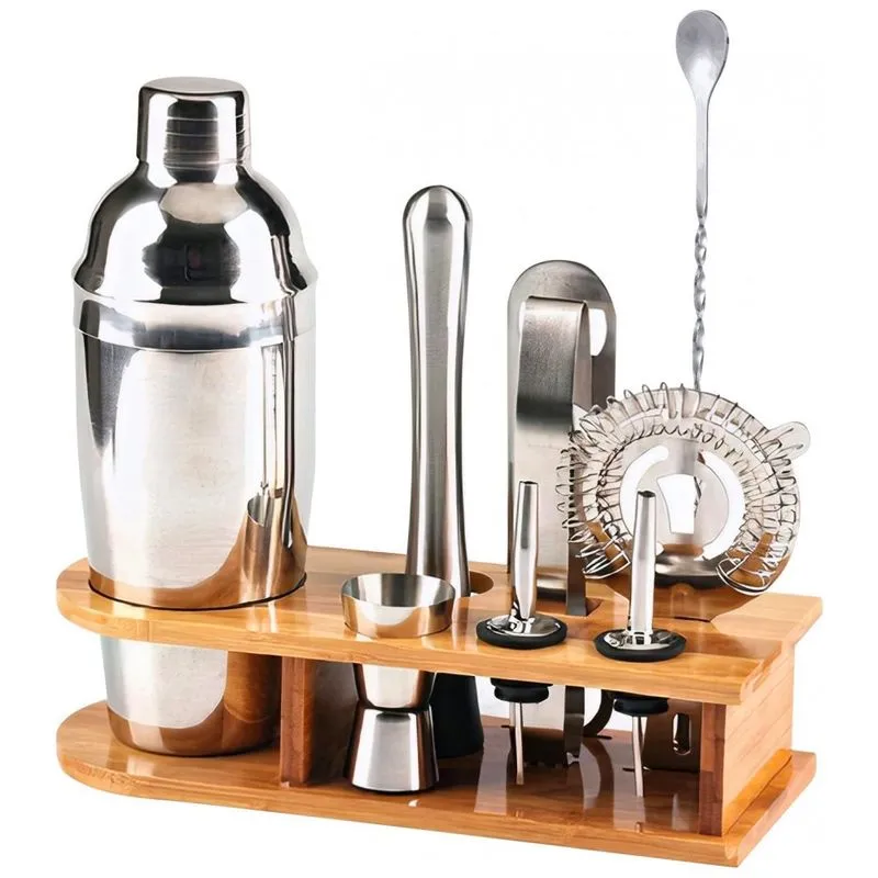 Kit Bartender Profissional 10 Pecas Em Aco Inoxidavel Com Suporte De Madeira, Hendricks Mixology, Prata