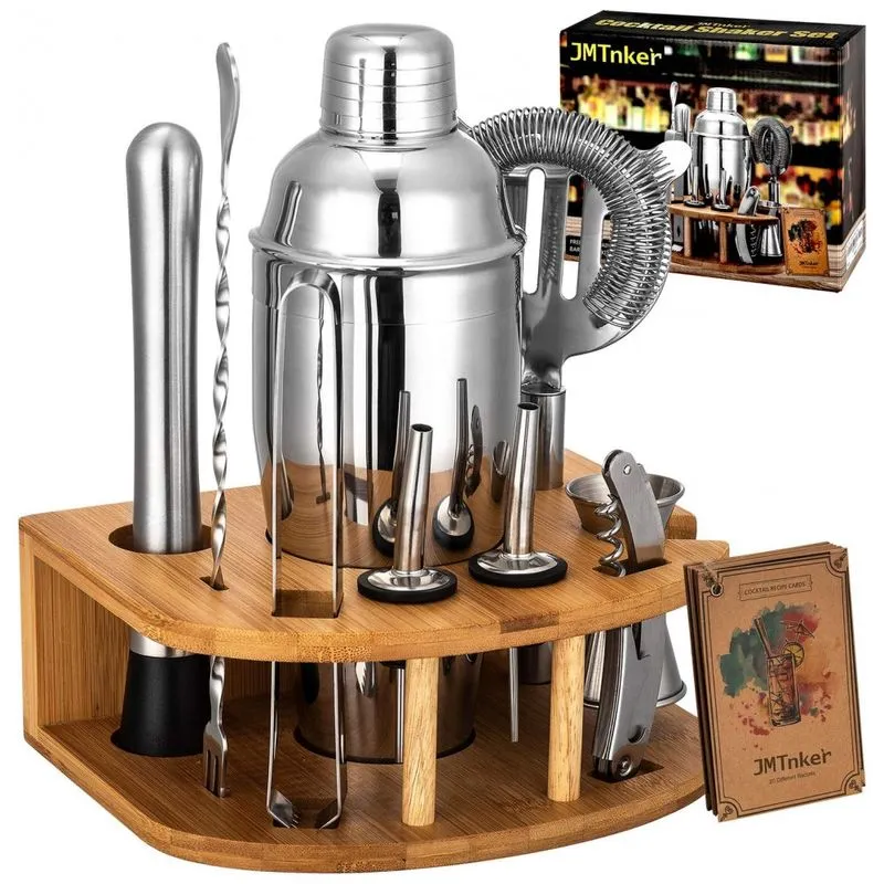 Kit Bartender Profissional 11 Pecas Em Aco Inoxidavel Com Suporte De Bambu, Jmtnker, Prata