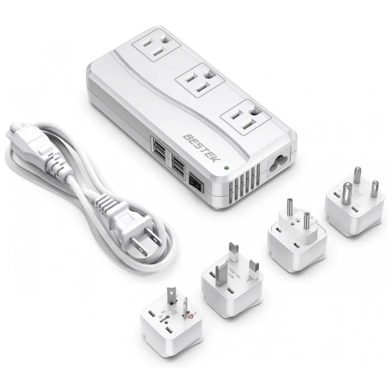 Transformador De Tensão 220v Para 110v Até 250w Com 4 Portas Usb 6a E Adaptadores Universais, Bestek, Branco