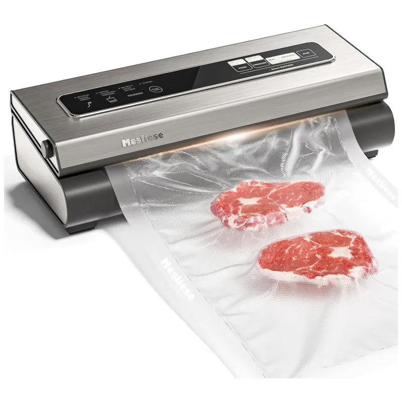 Seladora A Vácuo Automática Para Alimentos Secos E Úmidos Em Aço Inoxidável Com 2 Rolos De Saco E 5 Sacos Pré Cortados, 110v, Mesliese, Prata