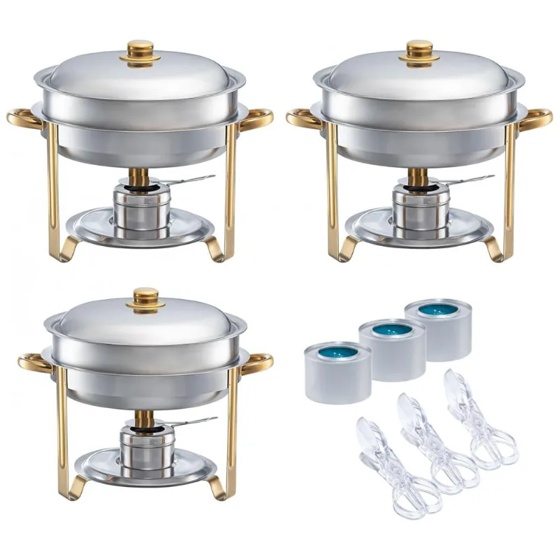 Conjunto De Rechaud 4 L Em Aço Inoxidável Com Tampa, 3 Un, Tiger Chef, Prata E Dourado