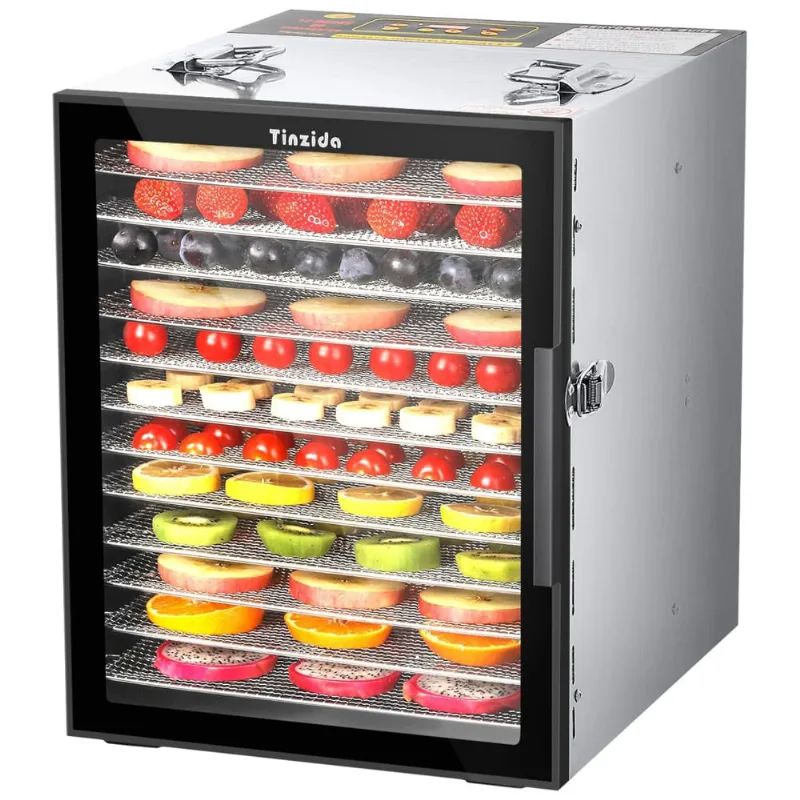 Desidratador De Alimentos Profissional Com 12 Bandejas De Aço Inoxidável E Temporizador, 110v 800w, Tinzida, Prata