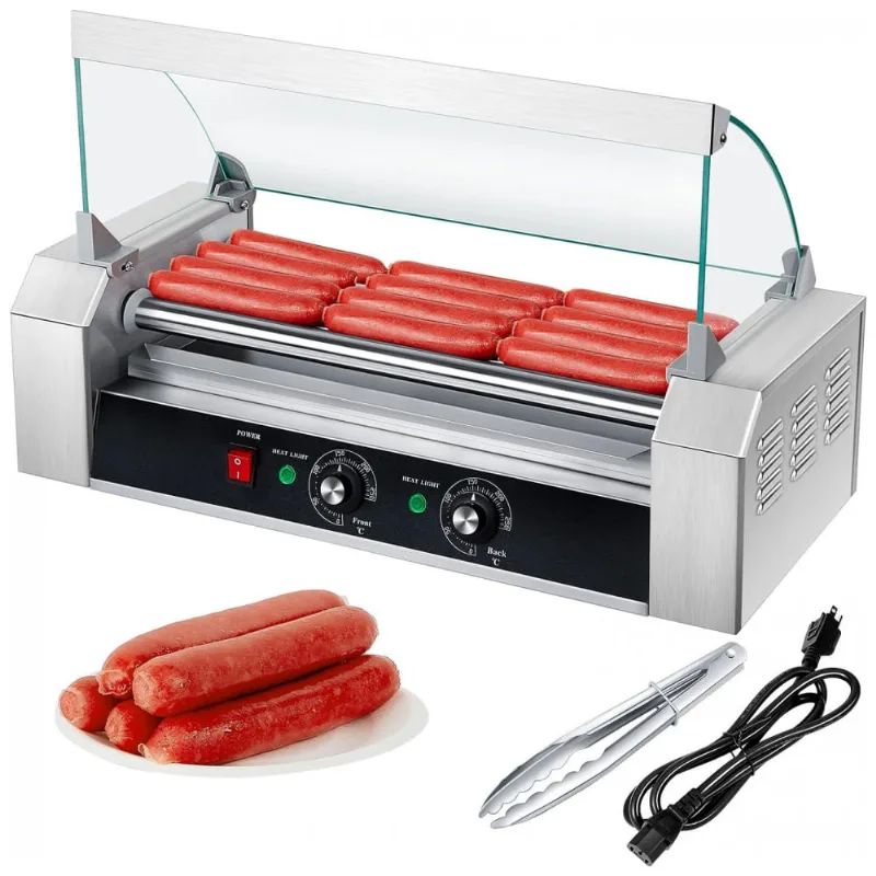 Máquina De Hot Dog Com 5 Rolos Antiaderente Até 12 Salsichas Por Vez, 110v Yexiya, Prata