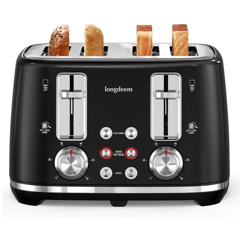 Torradeira Retro De 4 Fatias Com 6 Níveis De Tostagem, Aço Inoxidável, 110v 1500w, Longdeem, Preta