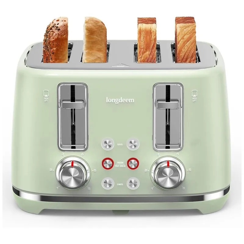 Torradeira Retro De 4 Fatias Com 6 Níveis De Tostagem, Aço Inoxidável, 110v 1500w, Longdeem, Verde