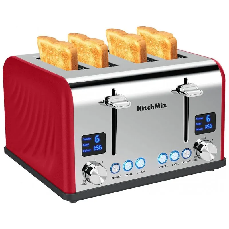 Torradeira Elétrica De 4 Fatias Em Aço Inoxidável E Temporizador Lcd, 110v 1650w, Kitchmix, Vermelha