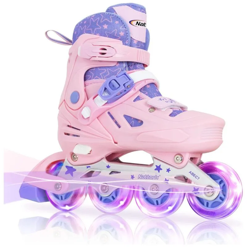 Patins Infantil Regulável Com Rodas Iluminadas Para Iniciantes, Tam Br 30 A 34, Nattork, Rosa