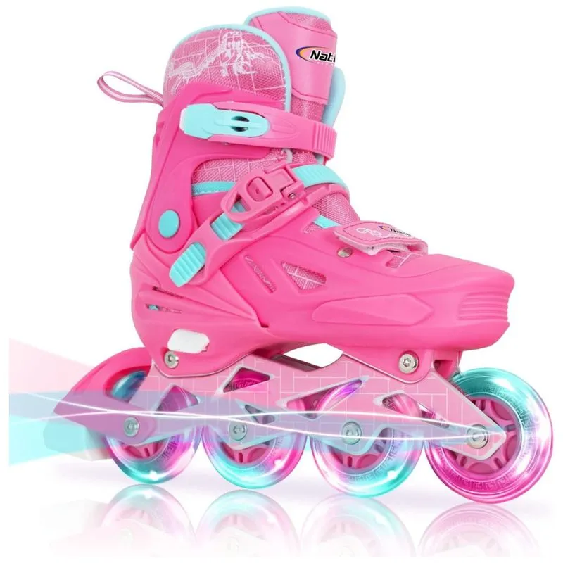 Patins Infantil Regulável Com Rodas Iluminadas Para Iniciantes, Tam Br 30 A 34, Nattork, Rosa Escuro