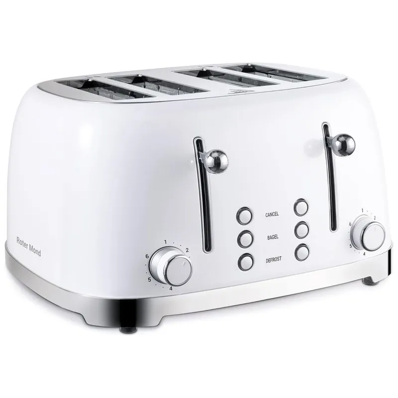 Torradeira Elétrica Retrô 4 Fatias Em Aço Inoxidável Com 6 Níveis De Tostagem E Slot Extremamente Largo, 800w, Roter Mond, Branca