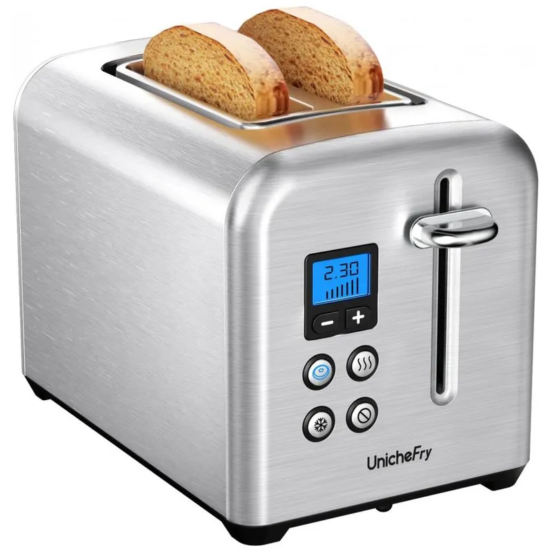Torradeira Elétrica 2 Fatias Em Aço Inoxidável Com Contagem Regressiva Digital E Bandeja De Migalhas Removível, 900w, Unichefry, Prata