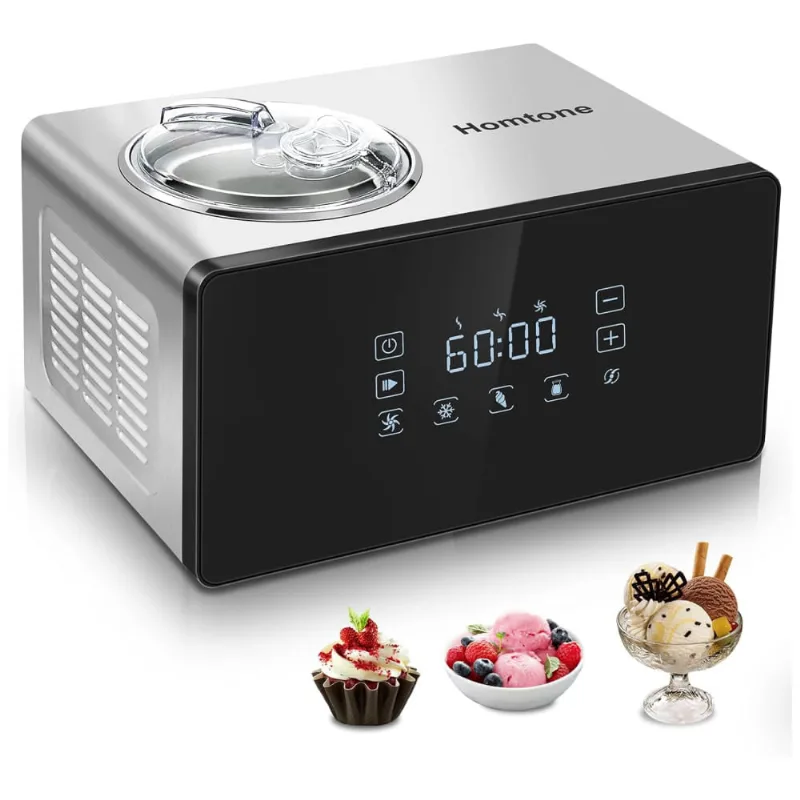 Máquina De Sorvete Automática 1,5l Com Compressor, 4 Modos E Velocidade Ajustada De 60 Minutos, Homtone, Prata E Preto