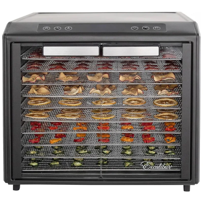 Desidratador De Alimentos Com Controle De Temperatura Ajustável, 10 Bandejas E Portas Francesas De Vidro, 800w, Excalibur, Preto
