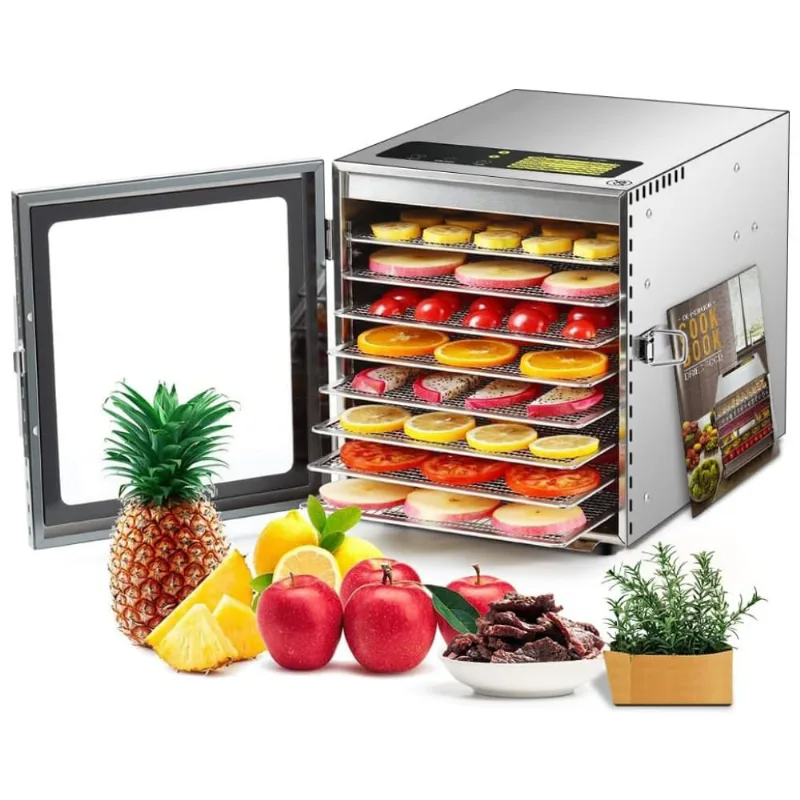 Desidratador De Alimentos Com 8 Bandejas Em Aço Inoxidável, Temporizador 24h E Livro De Receitas, 500w, Cercker, Prata