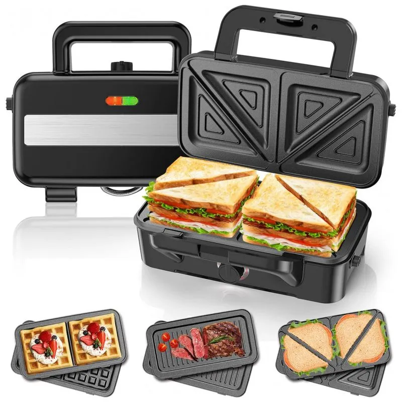Sanduicheira E Máquina De Waffle 3 Em 1 Com Controle De Temperatura 5 Opções E Placas Removíveis, 1200w, Wdemna, Preta