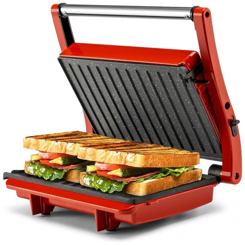 Sanduicheira E Grill Elétrico Com Tampa De Travamento E Luzes Indicadoras E Abertura 180º, 1000w, Pukomc, Vermelha