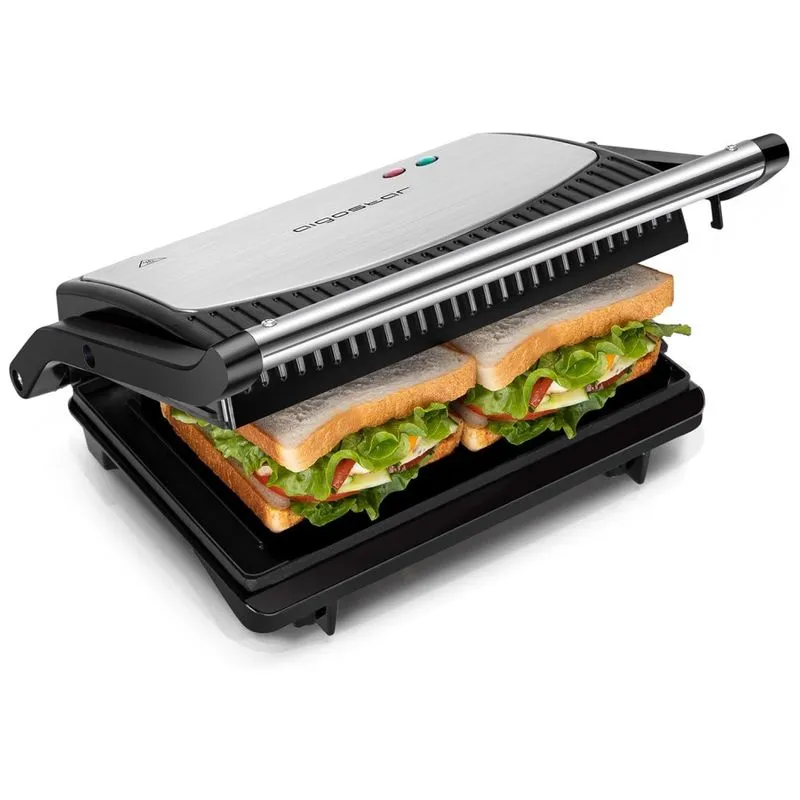 Sanduicheira E Grill Elétrico 3 Em 1 Com Superfície Antiaderente, Luzes Indicadoras E Abertura 180, 750w, 110v, Aigostar, Preto E Prata