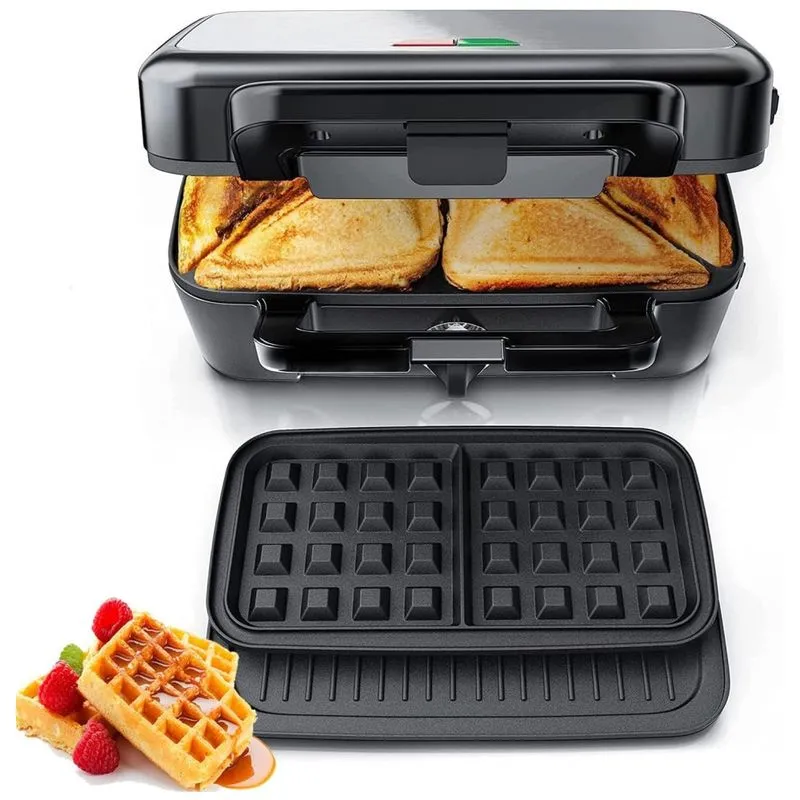 Sanduicheira E Máquina De Waffle 3 Em 1 Com Controle De Temperatura De 5 Opções E Revestimento Antiaderente, 1200w, 110v, Fohere, Prata