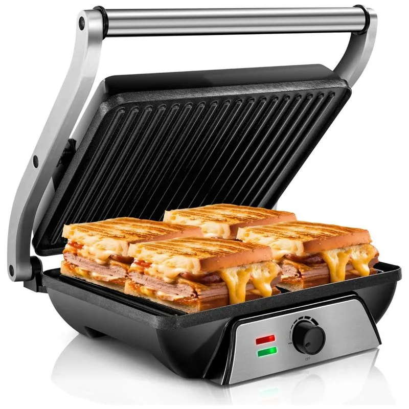 Sanduicheira E Grill Elétrico 3 Em 1 Com Superfície Antiaderente E Abertura 180º E Bandeja Coletora Removível, 1500w, Susteas, Prata