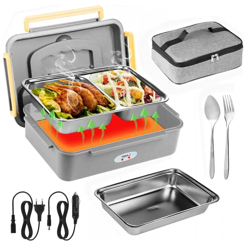 Marmita Elétrica Portátil 3 Em 1, 1,5l Com 2 Recipientes Removíveis, Garfo E Colher, 12v 24v E 110v, Liangding, Cinza