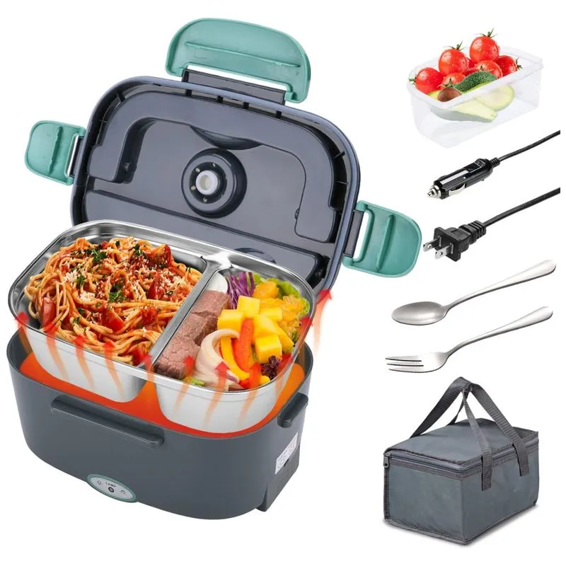 Marmita Elétrica Portátil 1,5l Com 2 Compartimentos, Á Prova De Vazamentos E Recipiente Removível, 12v 24v 110v, Kabbas, Azul