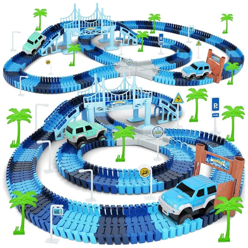 Playset Pista De Corrida Flexível Com 269 Peças, Inclui 2 Carros, Idade Recomendada 3 A 6 Anos, Toyk, Azul