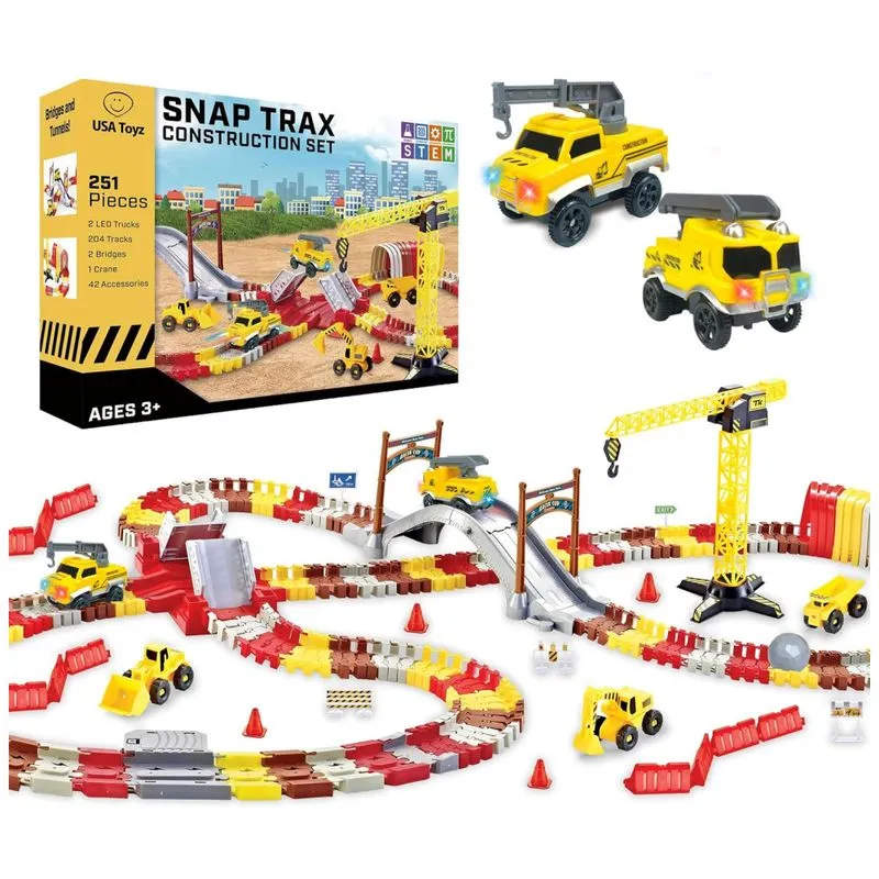 Playset Stem Pista De Corrida Construção Com 251 Peças E Carros Iluminados Led, Usa Toyz, Amarelo
