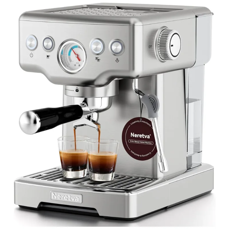 Máquina De Café Expresso 15 Bar Com Bocal De Leite E Tanque De Água Removível De 1,8l, 110v 1450w, Neretva, Prata