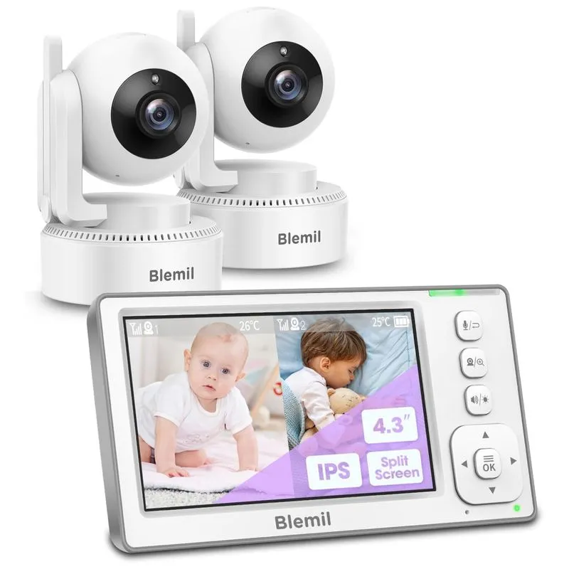 Babá Eletrônica Com Monitor De Tela Dividida, Bateria De 29h, 2 Câmeras E Áudio, Sem Wifi, Blemil Bl9046-2, Branca