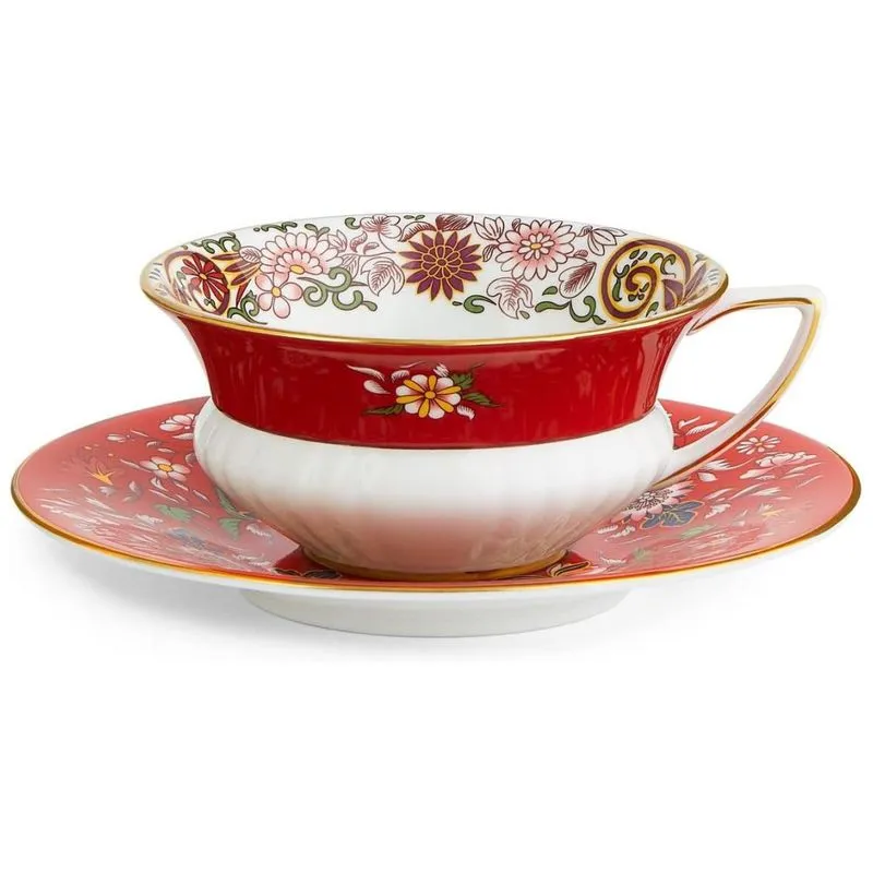 Xícara E Pires, Elegância E Sofisticação Em Sua Mesa Com Capacidade De 150ml E Material De Porcelana, Wedgwood, Branco E Vermelho