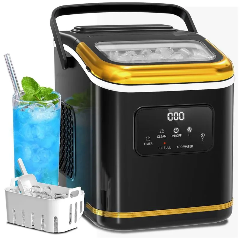 Máquina De Gelo Que Produz 12 Kg Em 24h Com Tela Digital E Limpeza Automática, 110v 170w, Electactic, Preta E Dourada