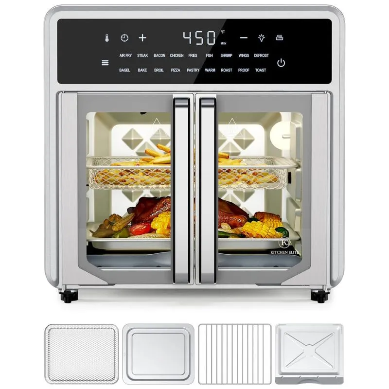 Forno Air Fryer 14,74l Com Porta Francesa E 18 Predefinições 1 Pré-aquecimento E Iluminação, 110v, Kitchen Elite, Prata