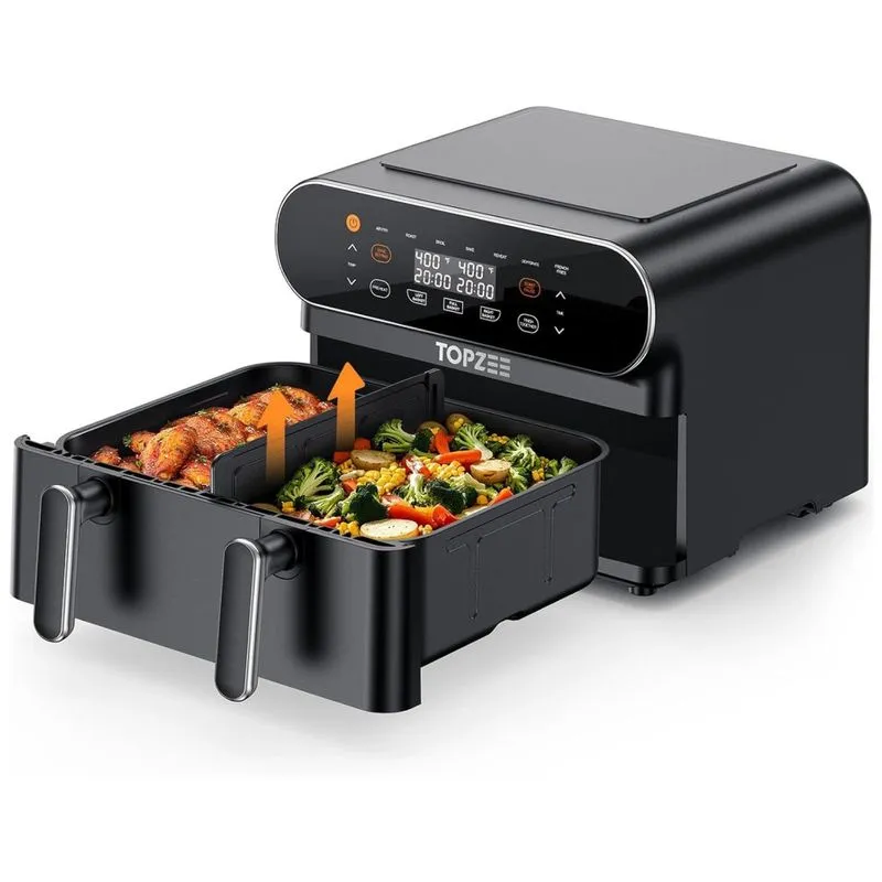 Air Fryer 8 Em 1 De 10,26 Litros Com Cesto Flexível E Divisória Para Cozimento Duplo, 110v 1700w, Topzee, Preta