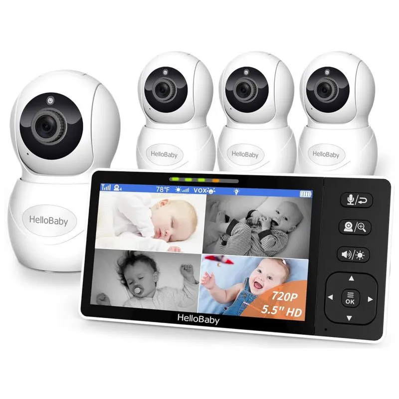 Babá Eletrônica Com 4 Câmeras 1080p, Luz Noturna, Monitor Hd 720p De Tela Dividida E Zoom, Hellobaby, Branca