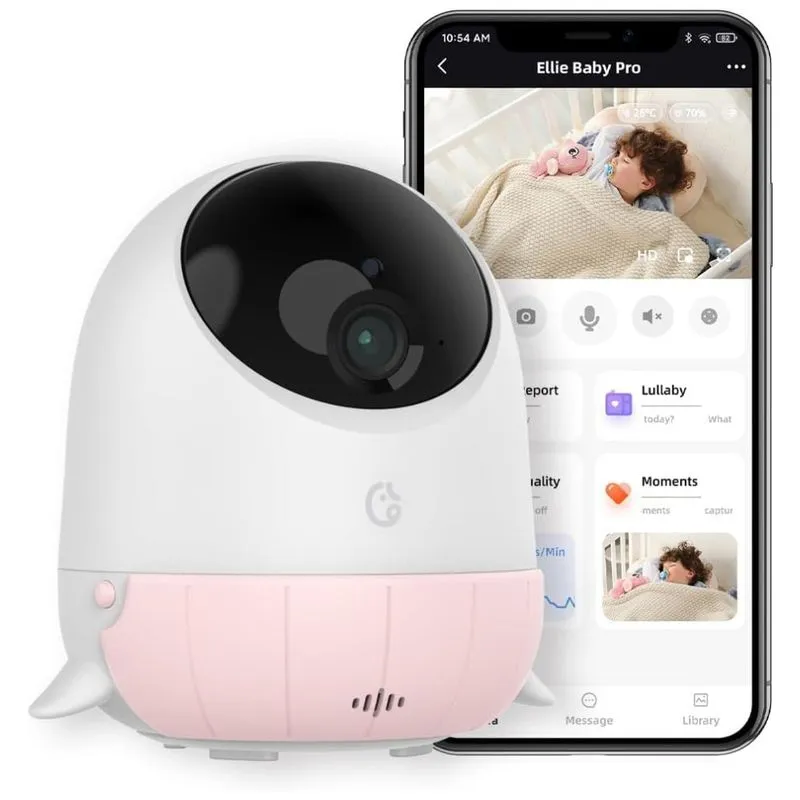 Monitor De Bebê Ellie Com Câmera 2k Hd, Áudio E Alerta De Rosto Coberto, Tecnologia Ai Cry E Canção De Ninar Relaxante, Ellie Baby Pro, Rosa