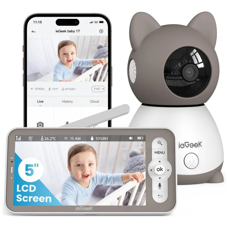 Babá Eletrônica Com Câmera 2k, Áudio, Monitor De Vídeo, Visão Noturna E Controle Remoto Via App, Iegeek, Cinza