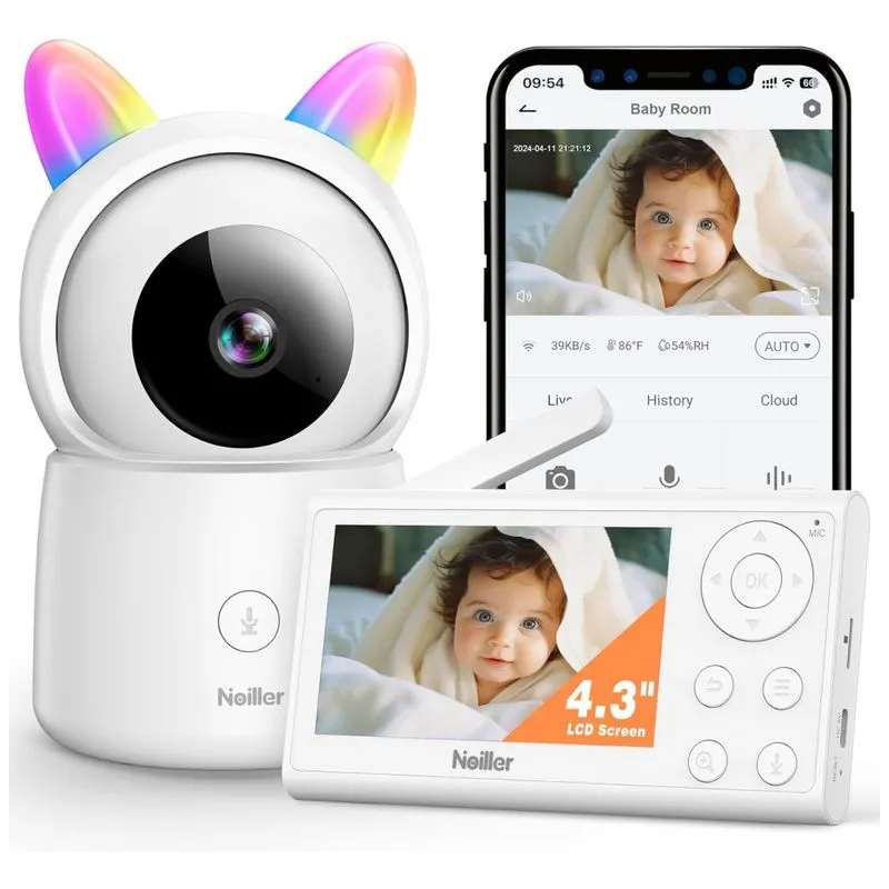 Babá Eletrônica Inteligente Com Monitor, Câmera 1080p E Áudio Wifi 2.4g Ptz E Alcance De 304m, Noiler, Branco