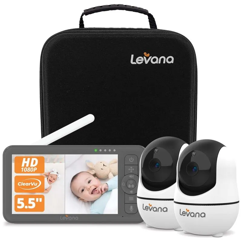 Babá Eletrônica Com 2 Câmeras Ptz 1080p, Monitor, Visão Noturna, Alcance 304m, Estojo, Sem Wifi, Levana Nala.