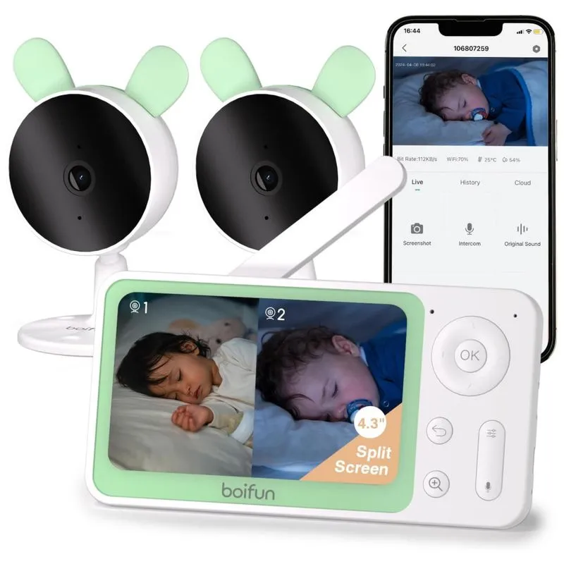Babá Eletrônica Com Monitor Lcd De Tela Dividida E Vídeo Wifi, Controle Via App, 2 Câmeras, Boifun, Verde E Branca