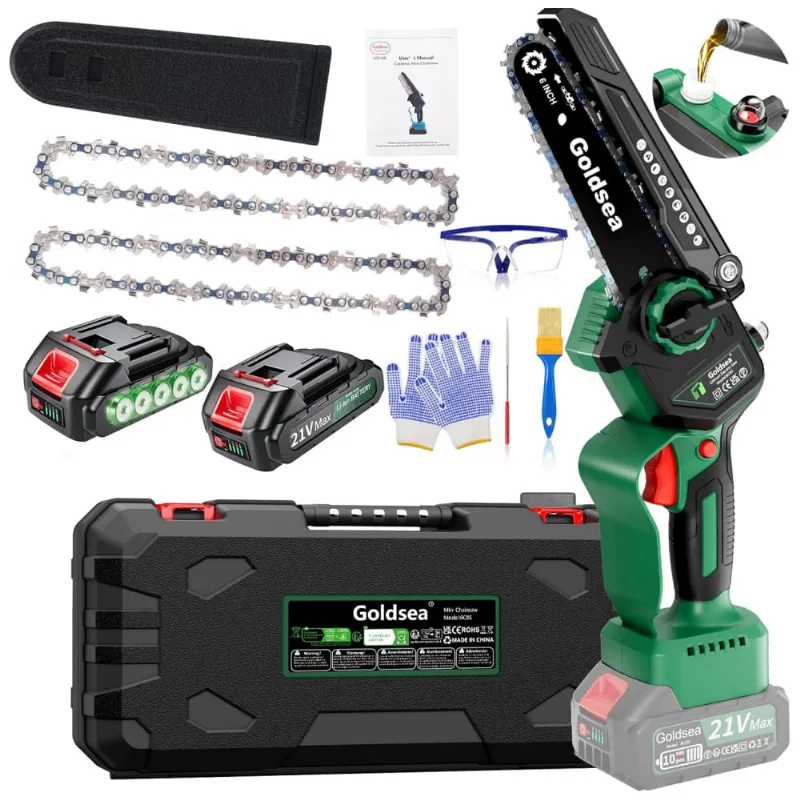 Mini Motosserra Elétrica Portátil Para Poda De Galhos Com 2 Baterias De 2000mah E Sistema De Lubrificação Automática, Goldsea, Verde