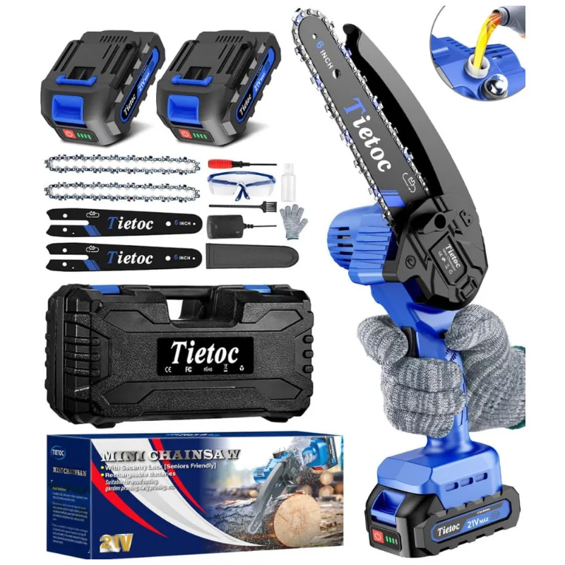 Mini Motosserra Elétrica Portátil Sem Fio Para Poda De Galhos, Alimentada Por 2 Baterias 21v, Tietoc, Azul