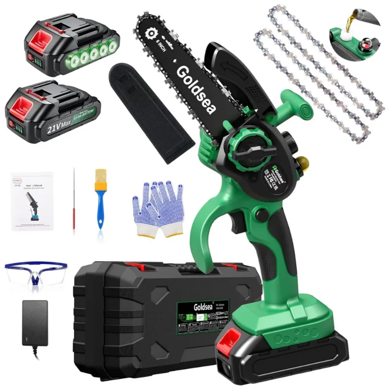 Mini Motosserra Elétrica Sem Fio Com 2 Baterias Recarregáveis E Correntes De 15cm, 800w Goldsea, Verde
